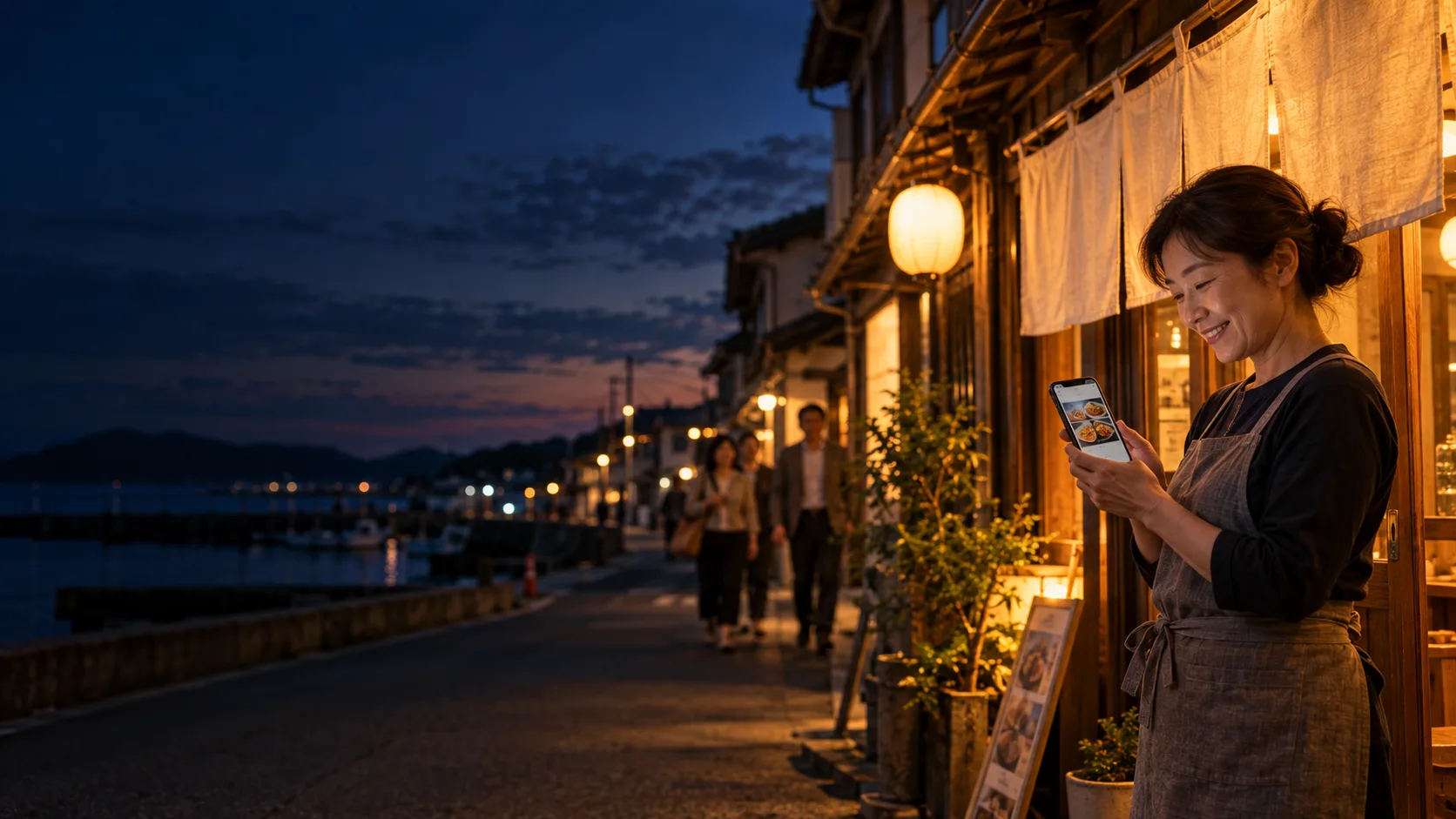 夕暮れの港町で、店主がスマホでお店のホームページを見て笑っている